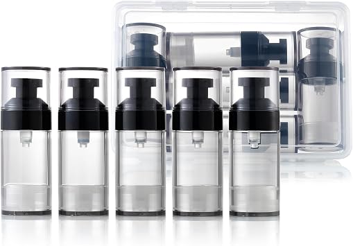 5 Pack 1oz / 30ml Airless Pump Bottles,travel cosmetic containers | Wide mouth and easy to fill, semi-transparent material, travel-sized for easy carrying