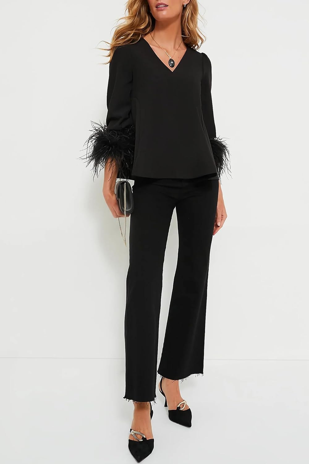 Women's Feather Blouse Party Top 3/4 Sleeve Cuff Casual V Neck Wedding Guest Cocktail Blouse T-Shirt - Image 6