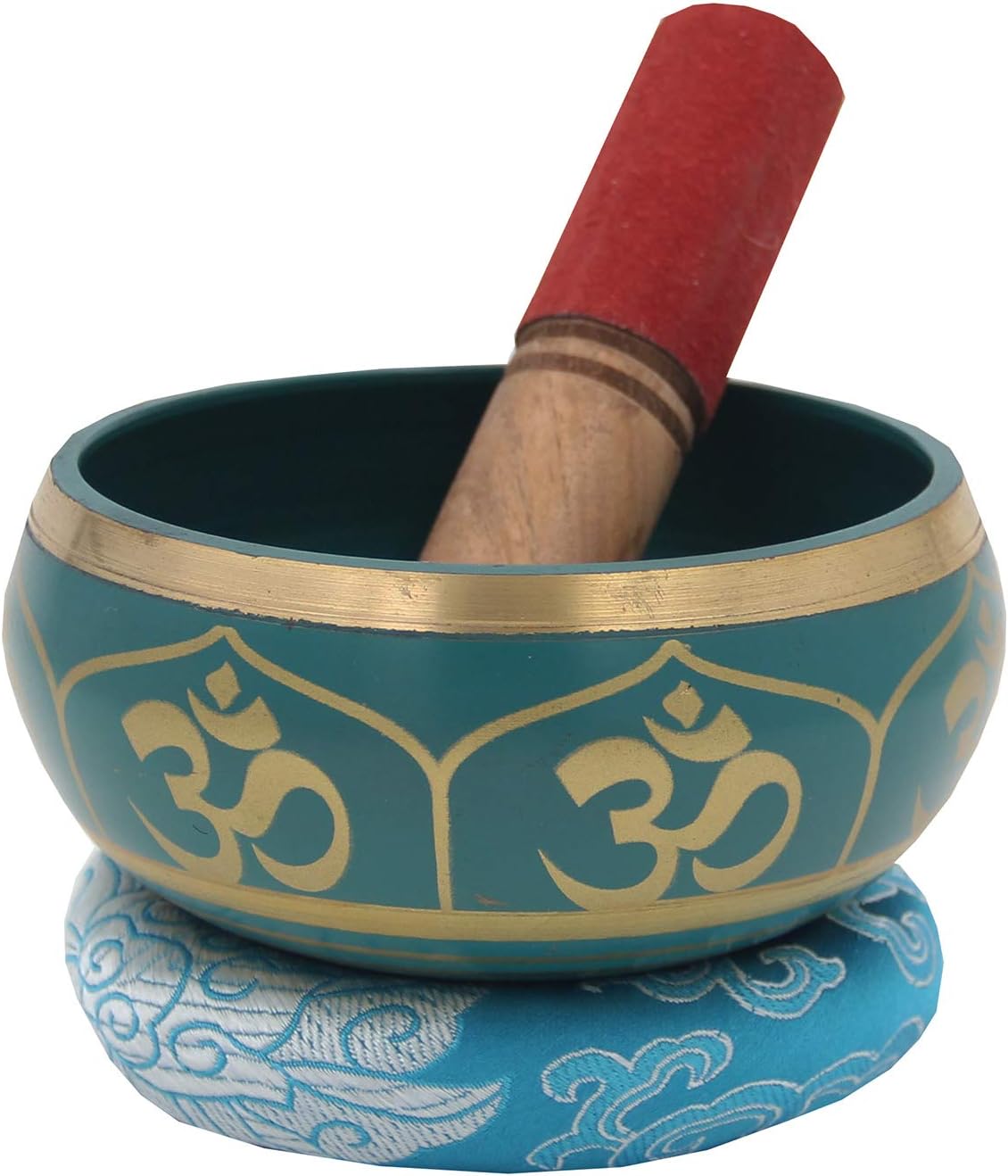 DharmaObjects Relaxing Yoga Meditation Om Peace Singing Bowl/Silk Cushion/Rosewood Mallet Set (Medium, Turquoise)