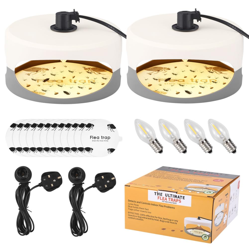 2 PCS Flea Trap for Home,Electric Flea Lamp with 4 LED Bulbs,12 Sticky Pads