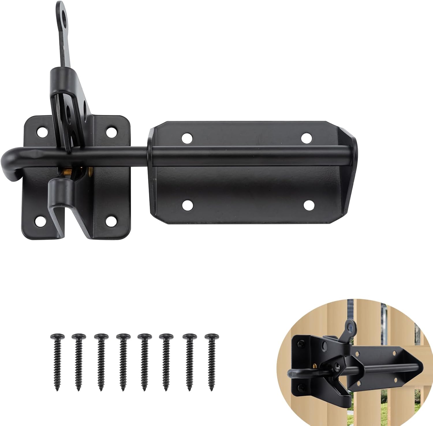 HOME MASTER HARDWARE Heavy Duty Automatic Gate Latch for Wooden Fence, 7-1/2" Black Self Locking Door Latches, Security Latches Hardware for Wood Gates, Vinyl Fence, Garden and Metal Gates