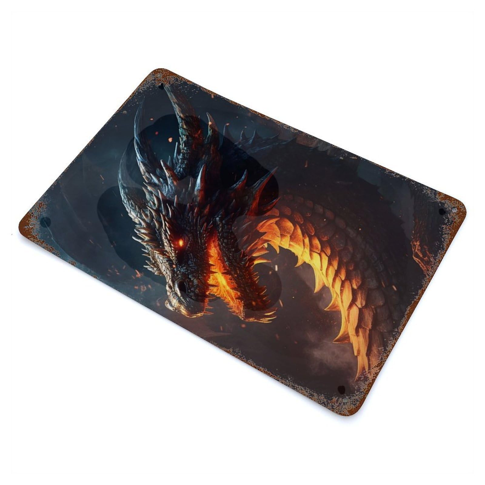 Weathered Tin Sign with Old Fire Dragon Design 11.8"x7.9", for Garage, Bar And Workshop Decor, Decorative Metal Wall Art