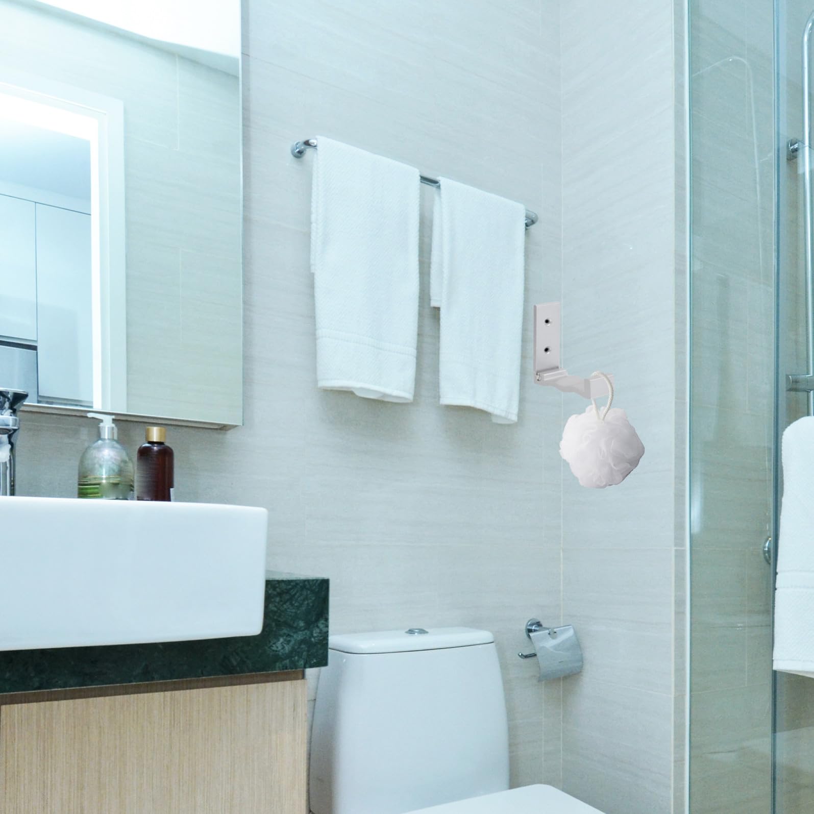 Ganchos De Pared Plegables De Aluminio Espacial, 6 Piezas (5 Plateados 1 Pegamento Sin Clavos), Resistentes Al Agua y Corrosión, Para Baño, Cocina y Dormitorio, Organizador Multiusos