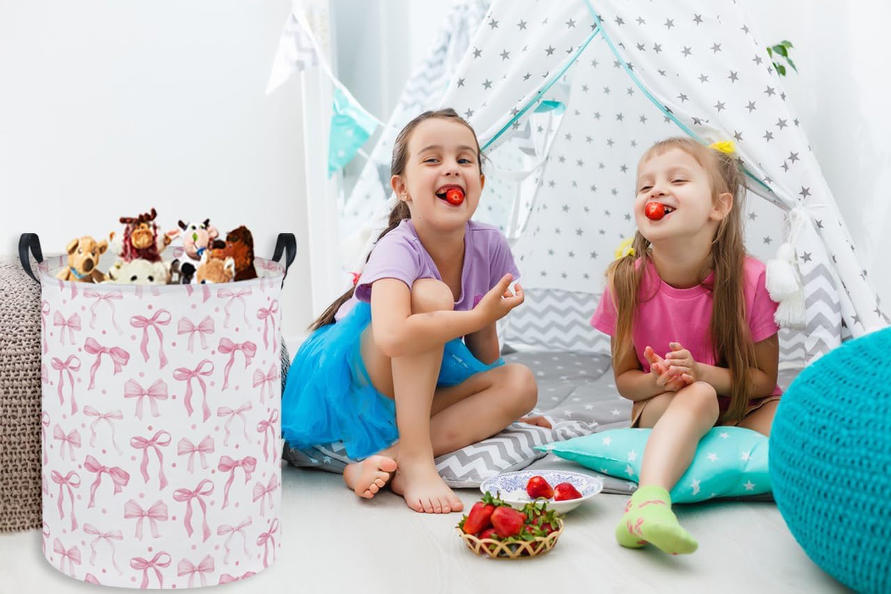 Girls Laundry Basket Pink Hamper for Nursery Bowkont Hamper Cute Kids Storage Bin Organizer Room Decor for Home(Pink bowkont) - Image 4