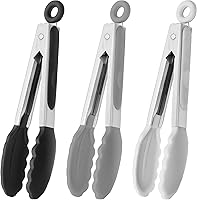 HINMAY 7-Inch Small Silicone Serving Tongs Set of 3 (Black Gray White) - Heat-Resistant, Non-Stick Safe Mini Kitchen Tongs