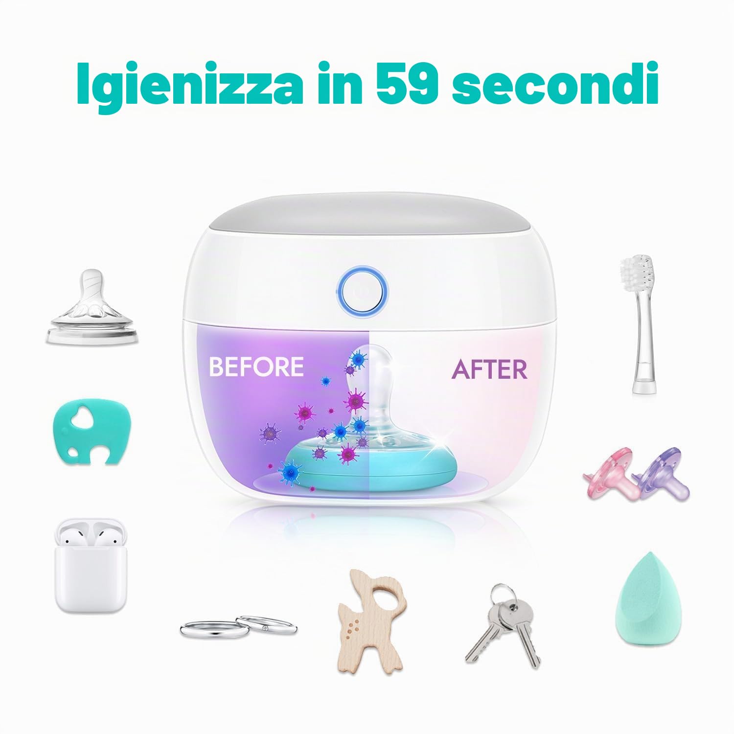 Papablic Igienizzante portatile per ciuccio, con luce UV, per ciuccio, mini scatola disinfettante ricaricabile tramite USB, pulizia al 99,9% in 59 secondi