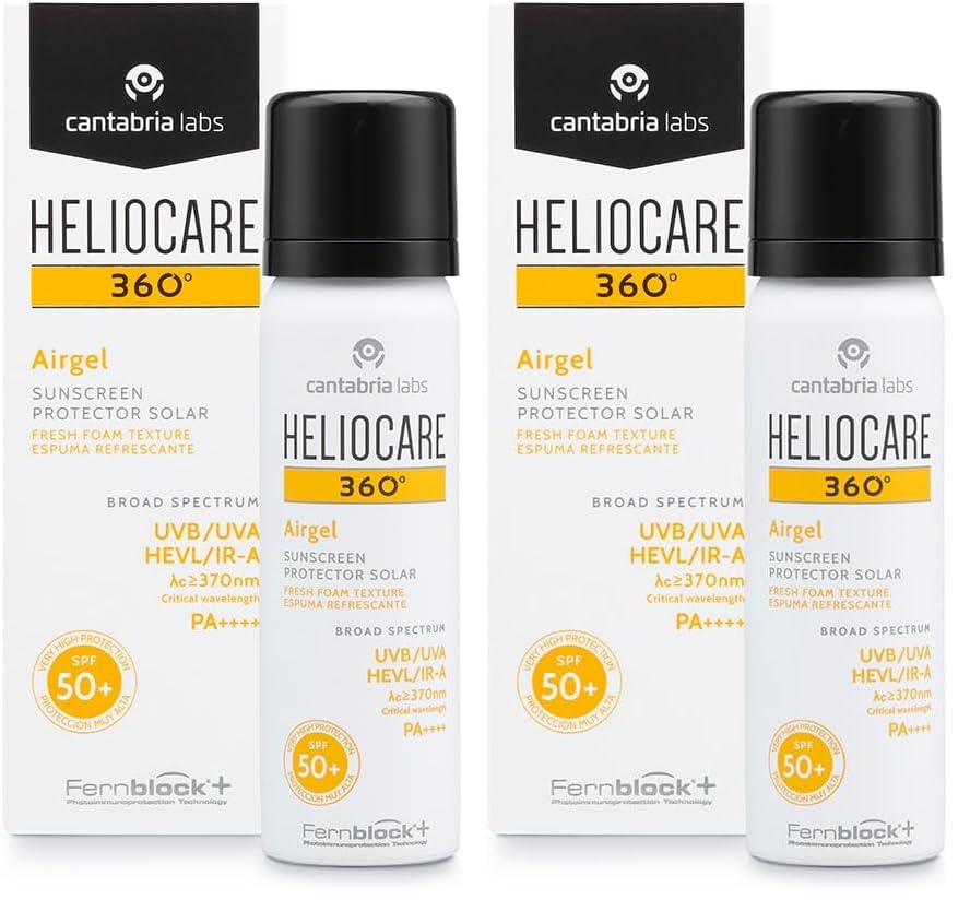 Cantabria Labs Heliocare 360º Airgel SPF 50+ - Crema Solar Facial Ligera, Fórmula Espuma, Frescura para Todo Tipo de Piel, Absorción Inmediata, Muy Alta Protección, 60ml (Paquete de 2)
