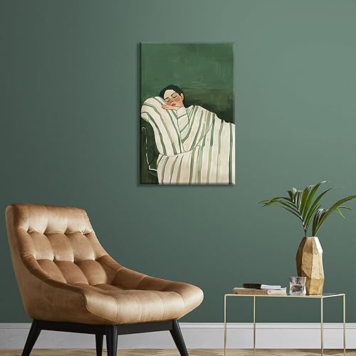 Miniatura 6 de Contemporary Woman Lying on Couch Wall Art Eclectic Emerald Green Posters Minimalist Stripe Decor Modern People Canvas Prints Boho Feminist