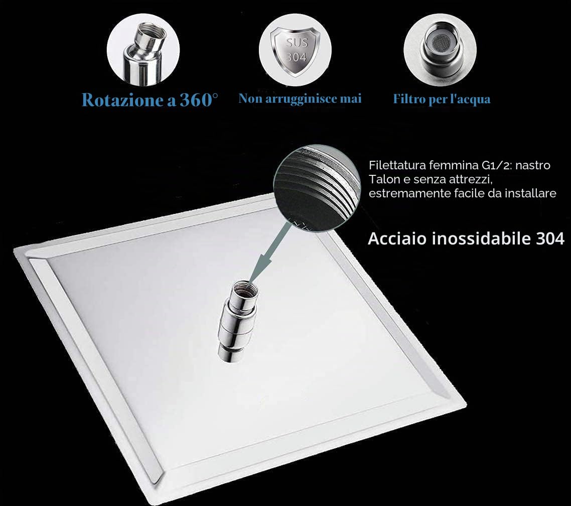 Soffione Doccia a Pioggia in Acciaio Inox, 30 x 30 CM, 12 Pollici Docce Fisso Quadrato, Acciaio, Cromo, ugello anti-otturazione