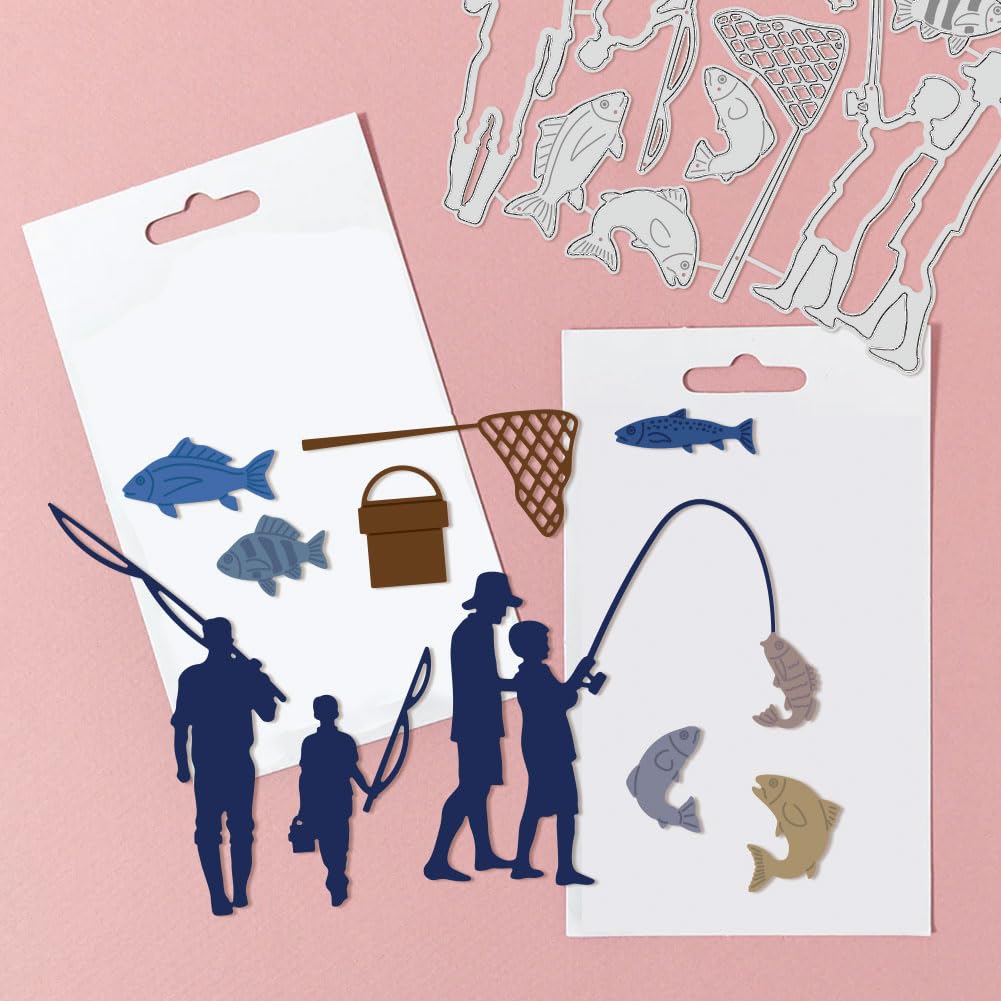 GLOBLELAND Pesca Fustelle Padre e Figlio Famiglia Pesca Metallo Goffratura Stencil Modello per Carta Scrapbooking Artigianato Fai da Te