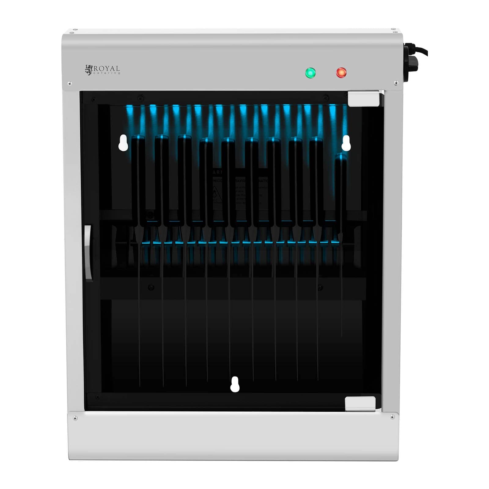 Royal Catering Stérilisateur UV Pour Couteaux Armoire De stérilisation Ultraviolet Lumière Ultraviolette RC-KSSS501 (Pour 20 Couteaux, 8 W, Boitier en Inox, Porte en Verre Acrylique, Minuterie 60 min)