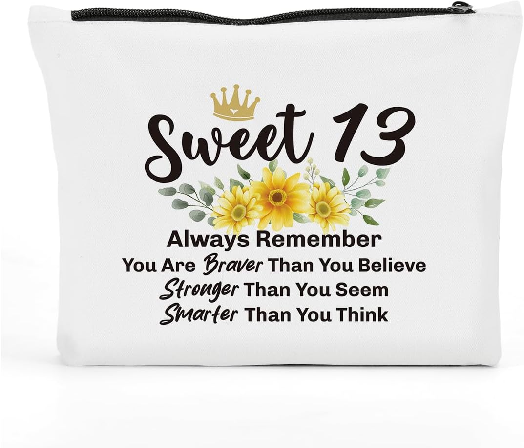 Funny 13th Birthday Gifts for Girls Sweet 13 Gifts Makeup Bag, Happy Anniversary 13th Birthday Party Decorations for Girls Makeup Pouch, Birthday Gifts for 13 Year Old Girls Cosmetic Bag