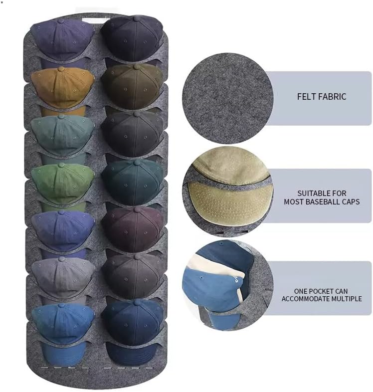 Miniatura 9 de Perchero para gorras de béisbol, organizador de gorras para puerta y pared con 14 bolsillos profundos transparentes, soporte no tejido para
