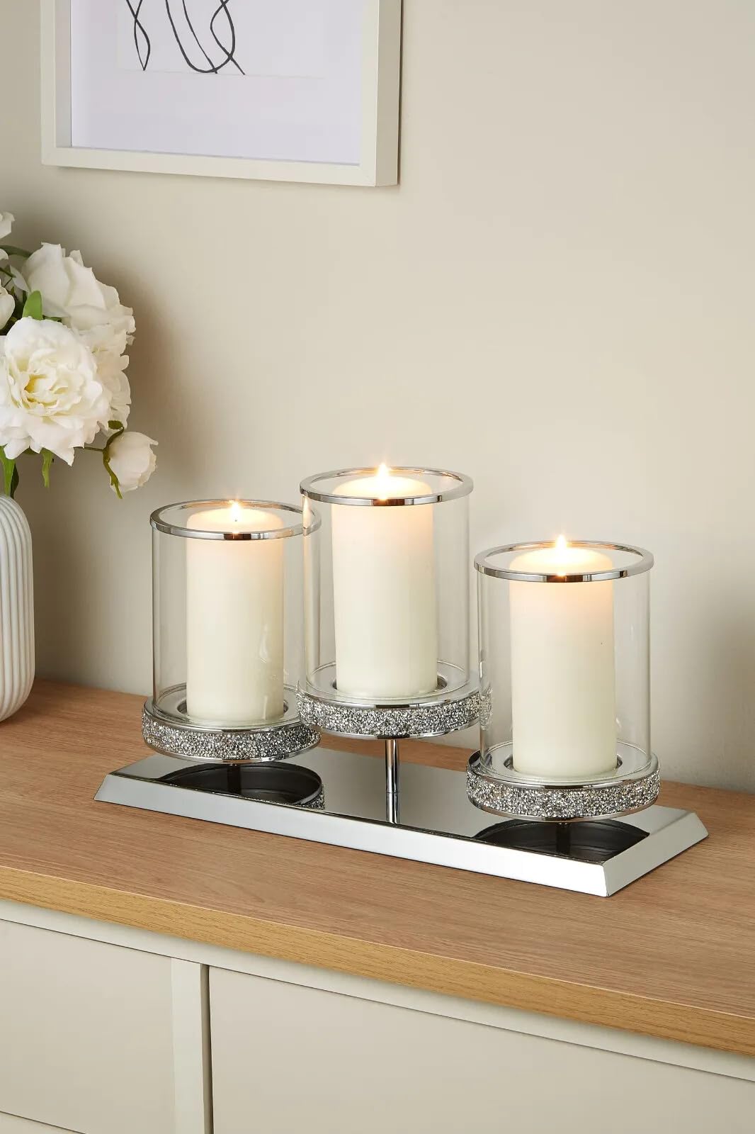 Biznest Large 3 Pillar Crushed Base Candle Holder Centrepiece Stainless Steel Lantern Chrome Windproof Candle Holder Dinner crushed Base