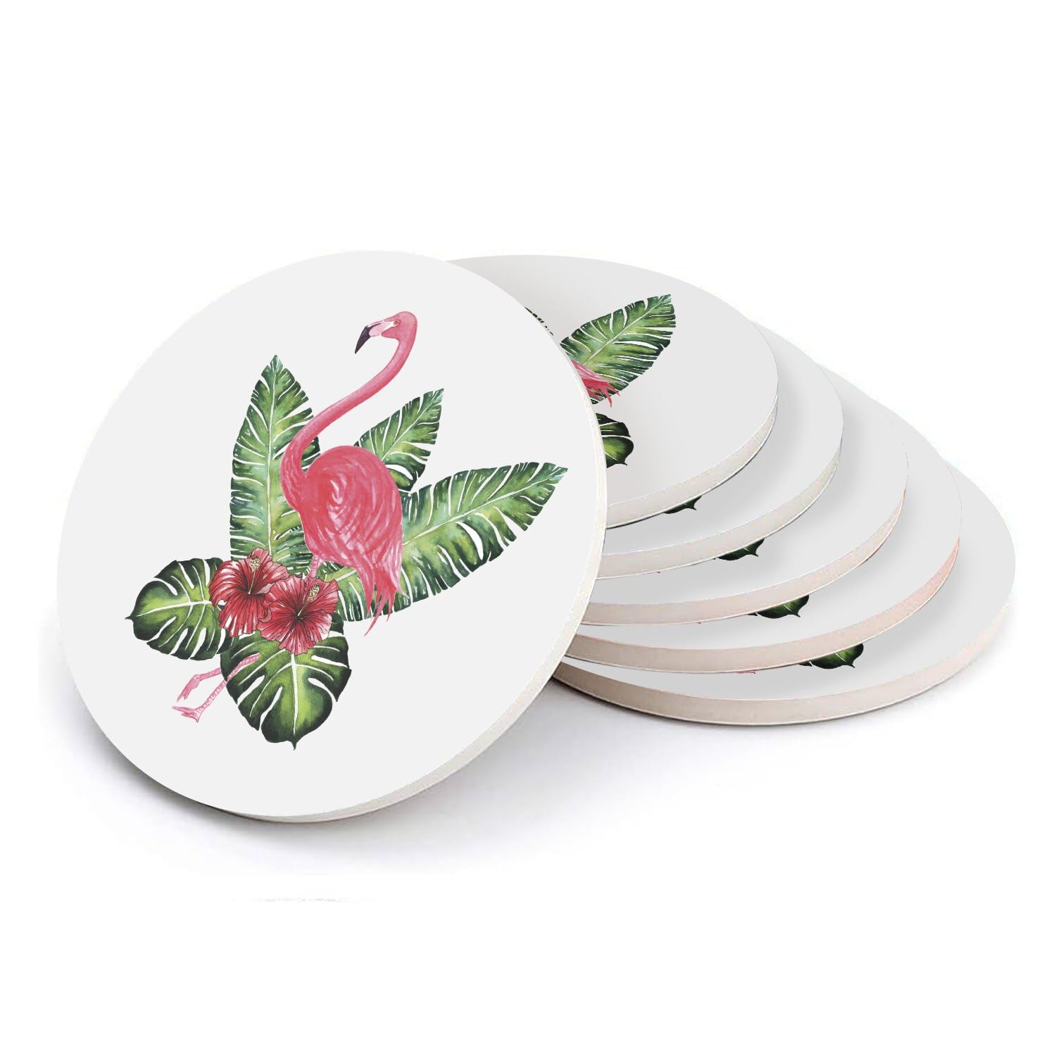 Sous verre ronds en céramique fine motif hibiscus jungle de table