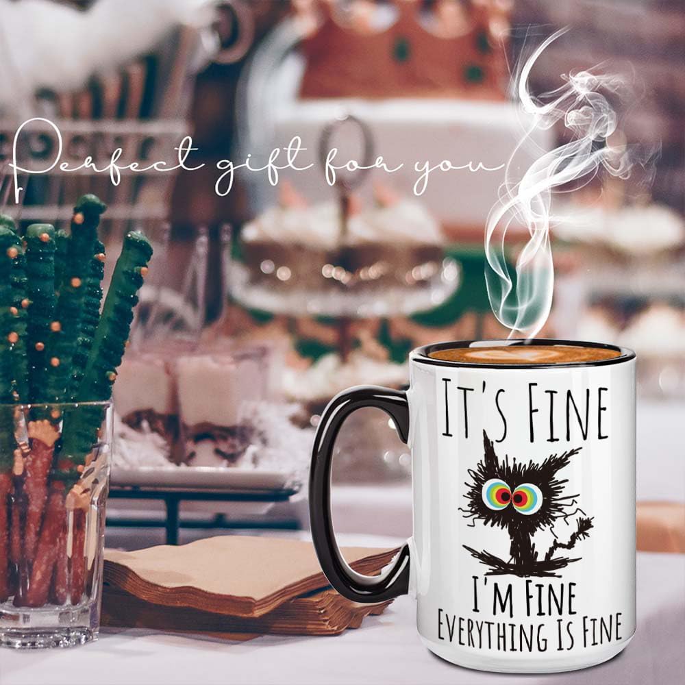 FALJIOK I'm Fine Everything is Fine Coffee Mug 15oz Funny Sarcastic Cat Mug Gifts for Cats Lover Novelty Mug Gifts for Cat Lover Women Mothers Day, Funny Cats Mug Gift for Coworker Manager Friend - Image 4
