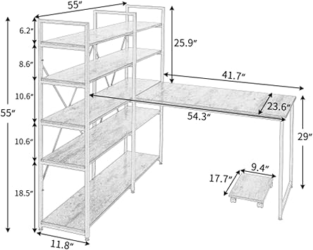 Desk with Shelves 54 Large Computer Desk with 5-Tier Shelves Office Desk Study Table with Bookcase Writing Desk Workstation with Hutch Bookshelf (Brown) Study Writing Desk Study Desk with Storage