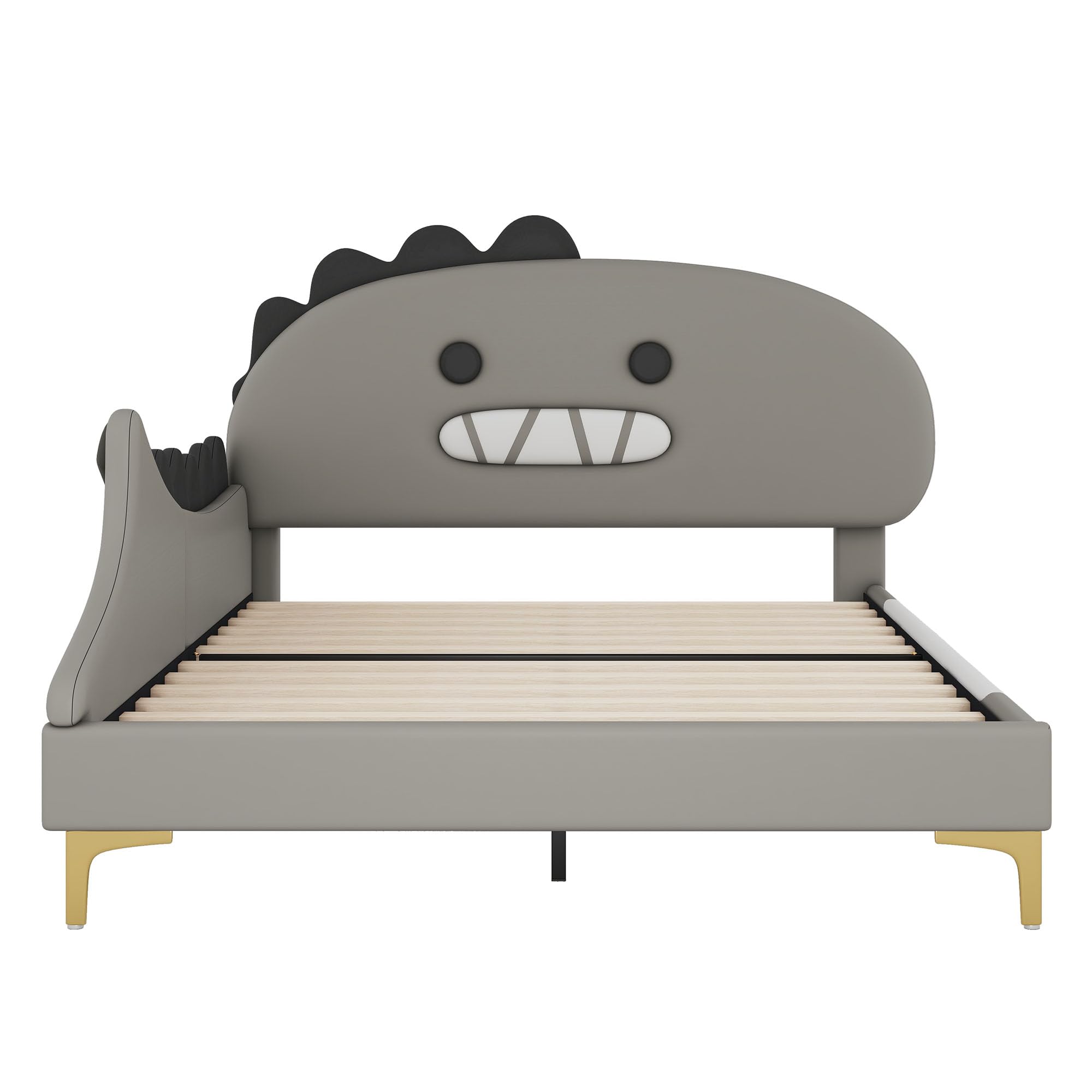 Cama infantil de 140 x 200 cm, diseño de dinosaurio, cama plana, material de poliuretano, color gris