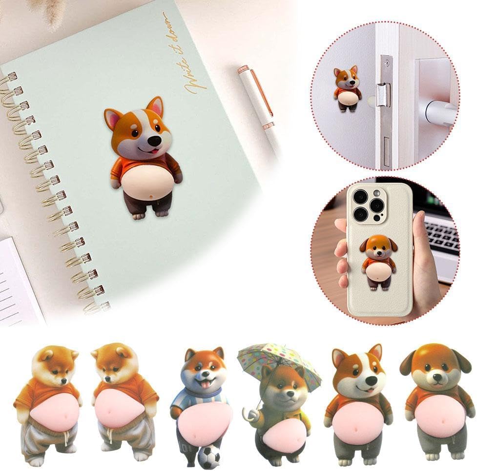 3D Shiba Inu Dog Soft Silicone Belly Sticker, Anti-Collision Wall Decal, Cute Puppy with Pink Belly in Orange Outfit, 4.7inch Home Decor Gift (2PCS) (Dog1)