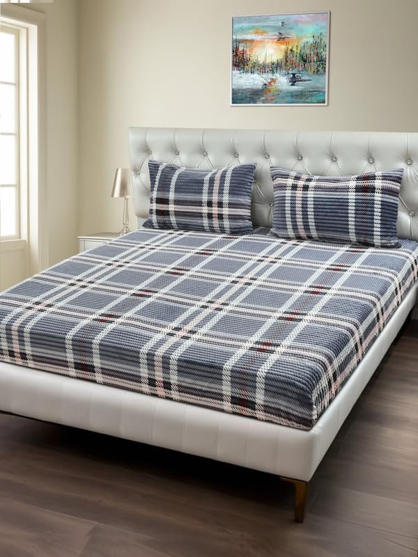 BREVARD 190 GSM Super Soft Flannel Warm Printed Elastic Fitted Double Bed Bedsheet with 2 Pillow Covers for Winters - 72x78x8 Inches, Light Grey