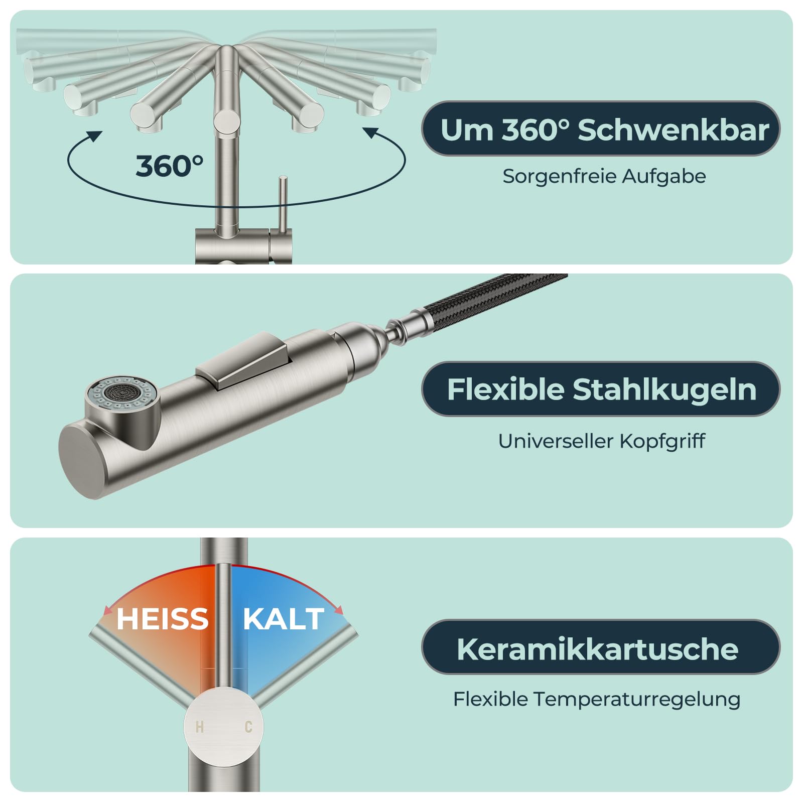FORIOUS Küchenarmatur, Wasserhahn Armatur Küche Ausziehbar Brause Edelstahl, Einhebel Mischbatterie Spülarmaturen, 360° Drehbar und Doppelfunktionsbrause