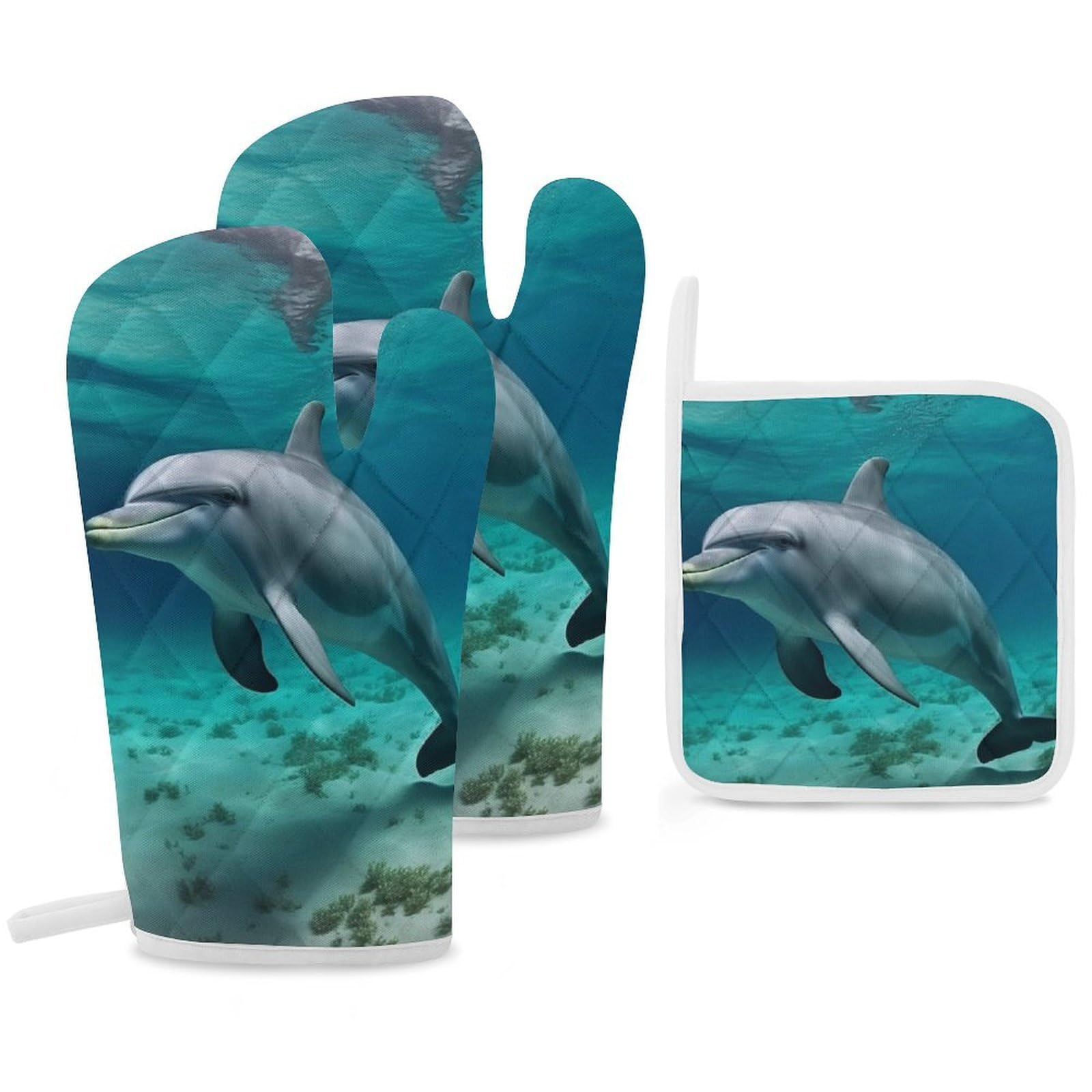 Oven Mitts and Pot Holders Set of 3 Heat Resistant Non-Slip Kitchen Gloves Hot Pads Dolphins Underwater Mittens Gloves Non-Slip Potholders for Cooking Baking Grilling BBQ
