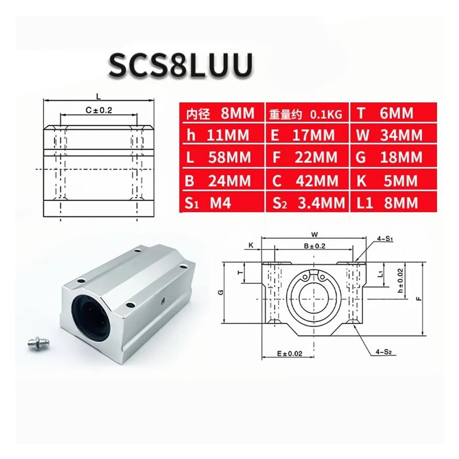 SC8UU SCS8LUU - Bloque de rodamiento de bolas lineal de 8 mm, enrutador CNC SCS10 SCS10LUU SCS12LUU SCS13LUU para ejes de impresora 3D CNC (SCS12LUU)