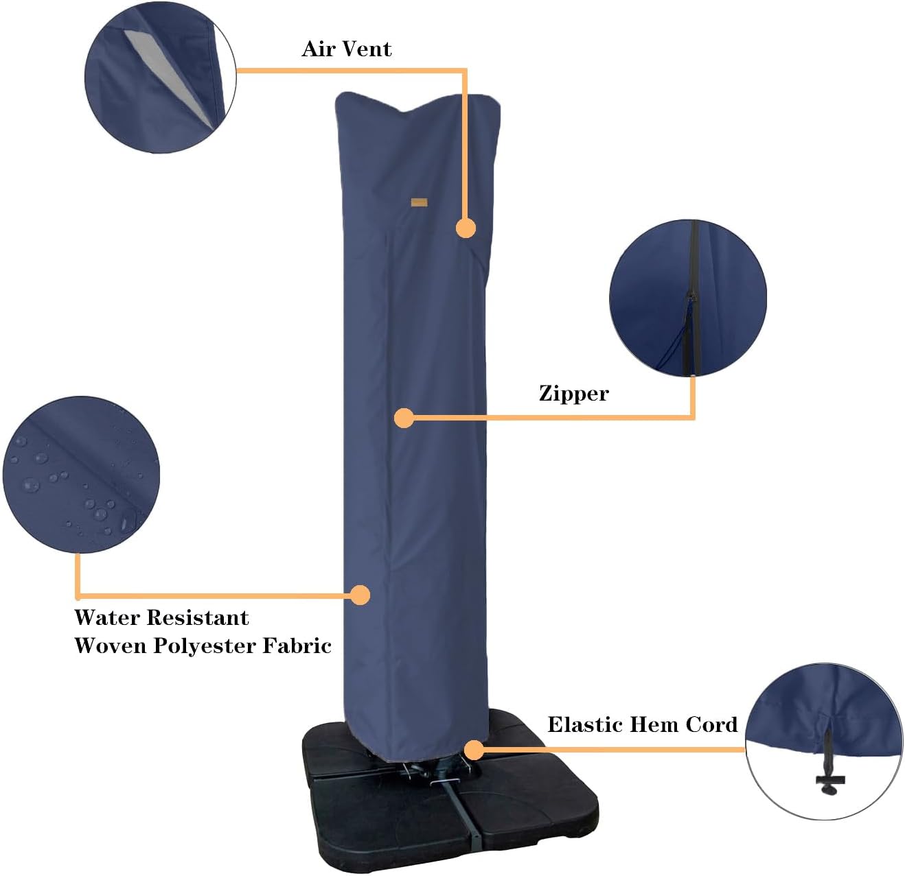 Patio Umbrella Cover for 9ft to 13ft Offset Umbrella, Water Resistant, Curved Cantilever and Straight Pole Parasol Outdoor Umbrellas Cover with Zipper and Rod Dark Blue
