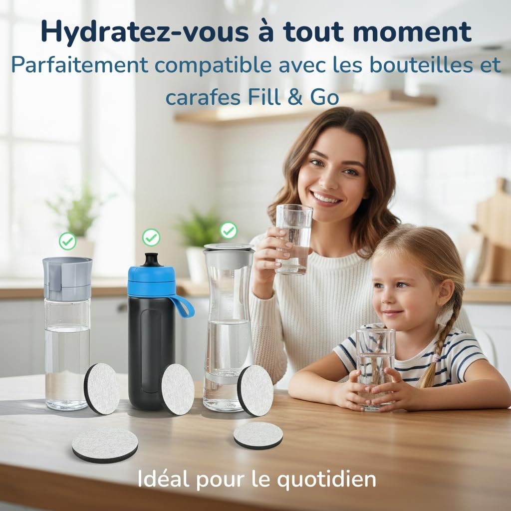 Lot de 10 Disques Filtrants Compatibles Brita MicroDisc - 1500L de Filtration (1 An d'Eau) - Recharge Gourde Filtrante Fill&Go Bouteille & Carafe - Charbon Actif Anti Chlore, PFAS & Goût