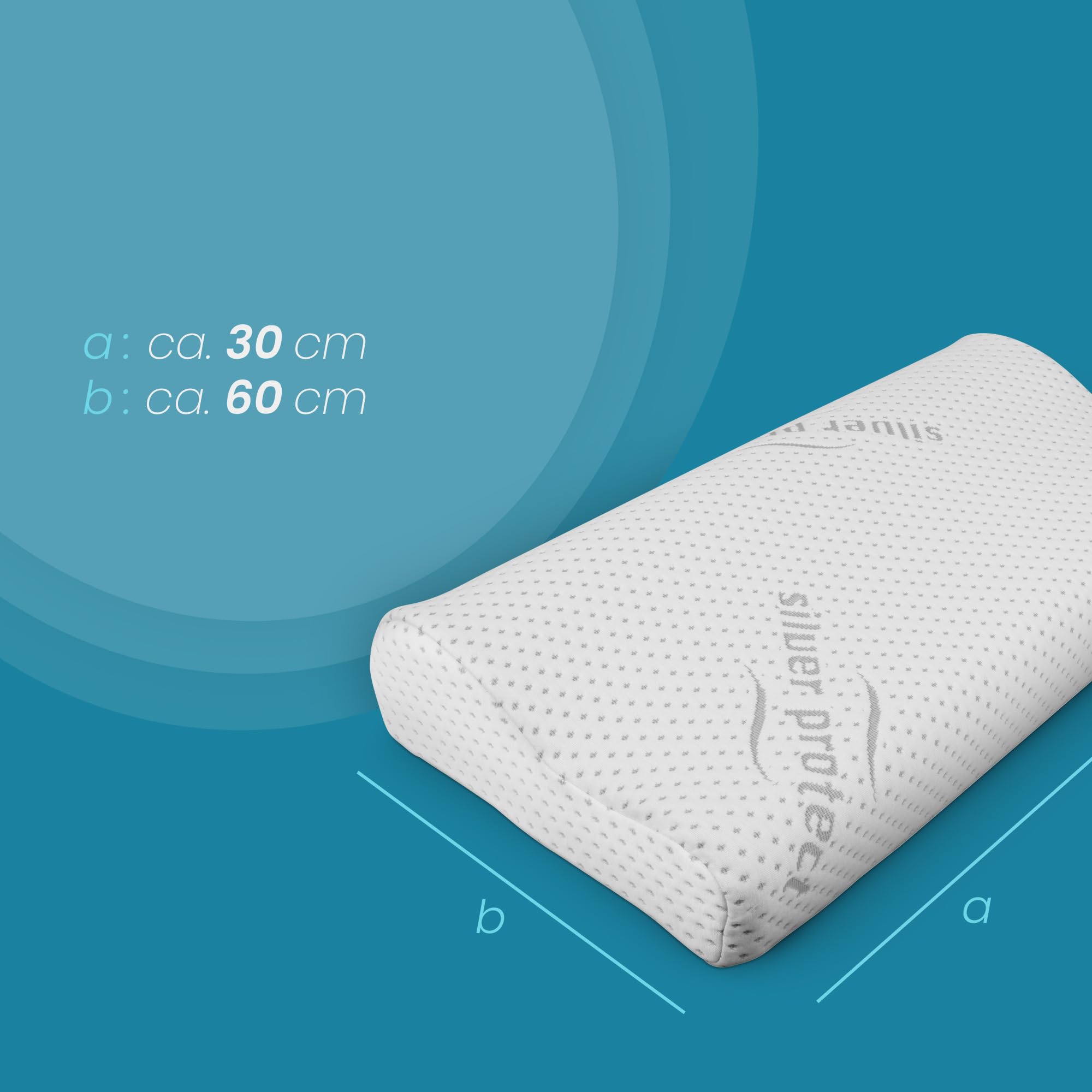 Bestlivings Cuscino cervicale in memory foam (cuscino cervicale con inserto in gel/60 x 30 x 10 cm), cuscino viscoelastico, rivestimento Silver Protect, antimicrobico rimovibile, Öko-Tex