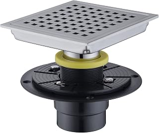 6 Inch Square Shower Floor Drain with Base Flange, SUS 304 Stainless Steel Grid Patten Grate Cover Removable, Adjustable Threaded Drain Strainer, Brushed Nickel