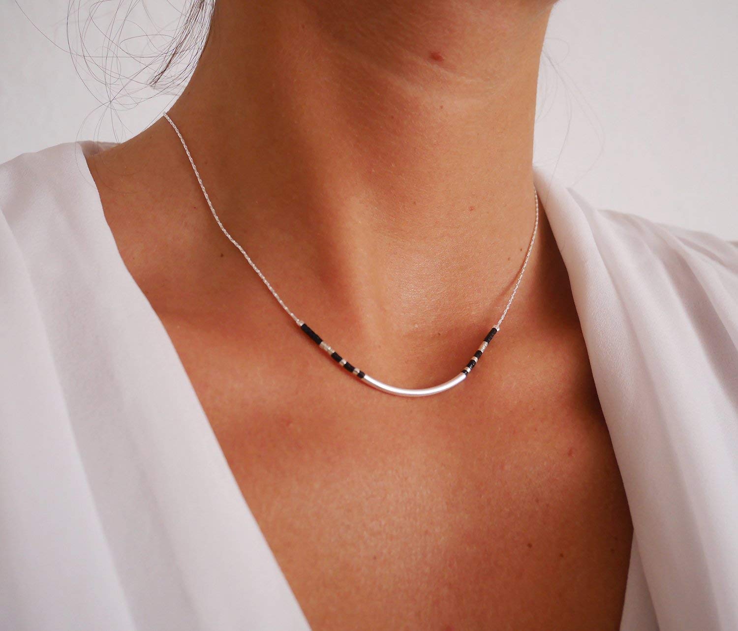 Collier fin choker perles miyuki noires - chaine serpent argent massif 925 - Collier perles noires - collier minimaliste discret élégant