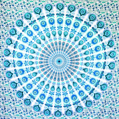 MOMOMUS Tenture Murale Mandala – Art Mural Ethnique – Tapisserie Murale Mandala, Toile Murale et Tissu Déco pour Yoga - Blanc et Turquoise, 210 x 230 cm
