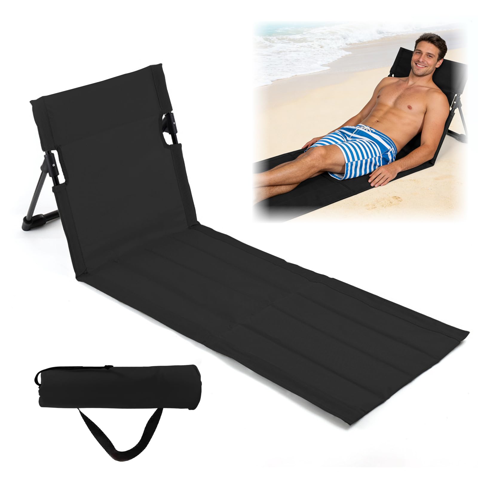 Krzesło podłogowe, czarne, mata plażowa z oparciem, składane krzesło plażowe, lekkie, oparcie na plażę, na kemping, na zewnątrz, na plażę, w podróży, do domu (bardzo długi styl)