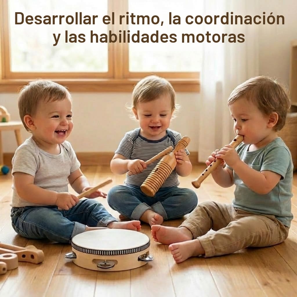 Set de Instrumentos Musicales de Madera Stoie’s para Niños de 1-9 Años – Tambor, Flauta, Maracas, Campanitas, Castañuelas, Pandereta, Juguete Montessori Educativo, Seguro, con Bolsa de Algodón