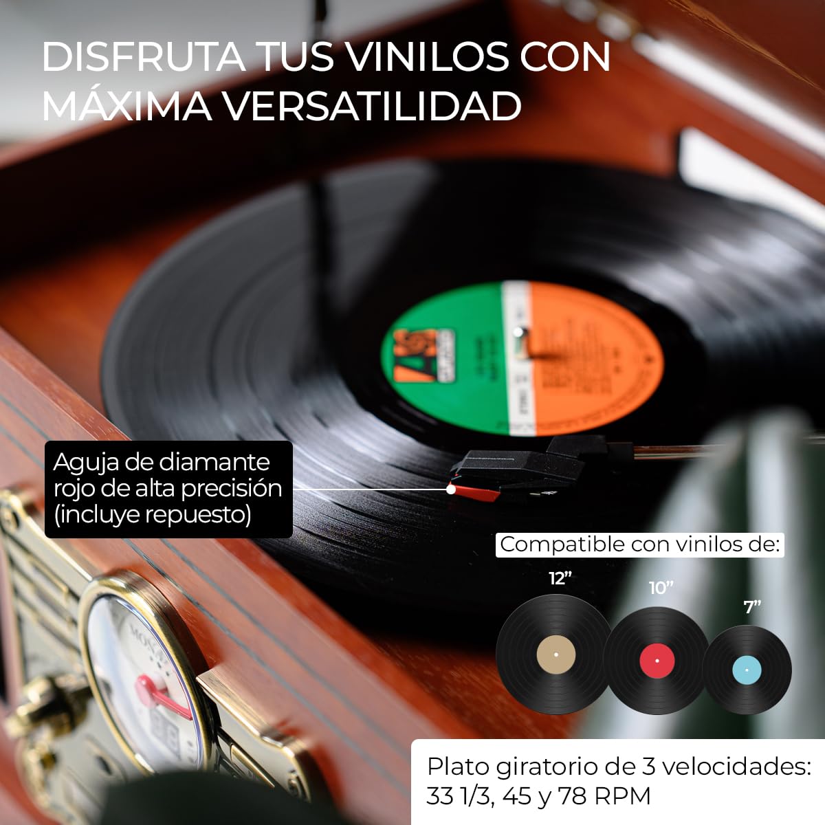 Tocadiscos Retro Bluetooth de Vinilo, Altavoces Estéreo【33/45/78 RPM】 Giradiscos Vintage | Radio FM, Cassette, CD, MP3, USB, SD, Grabadora | Salida RCA/Aux In (Monarch)