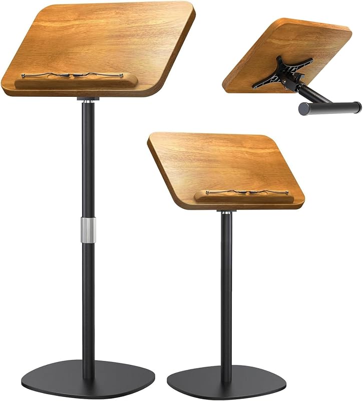 Soporte para libros de escritorio y piso de doble uso 2 en 1, 100% madera maciza, altura ajustable de 16.5" a 51", soporte de lectura de piso con clip de página para libros de cocina, partituras, proyector (con forma de T) | 100% madera maciza, soporte de lectura de suelo con clip de página para partituras, libros de cocina, proyector (madera de caucho, panel de 10" x 15")