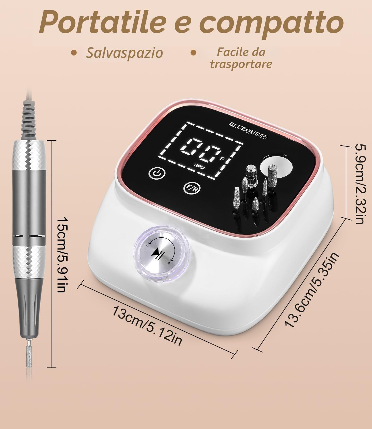 45,000RPM Fresa per Unghie Professionale, Lima Elettrica per Unghie, Touchscreen, con Punta in Ceramica Kit Unghie, Salone Manicure Set e Pedicure Elettrico per Semipermanente Gel, Oro Rosa