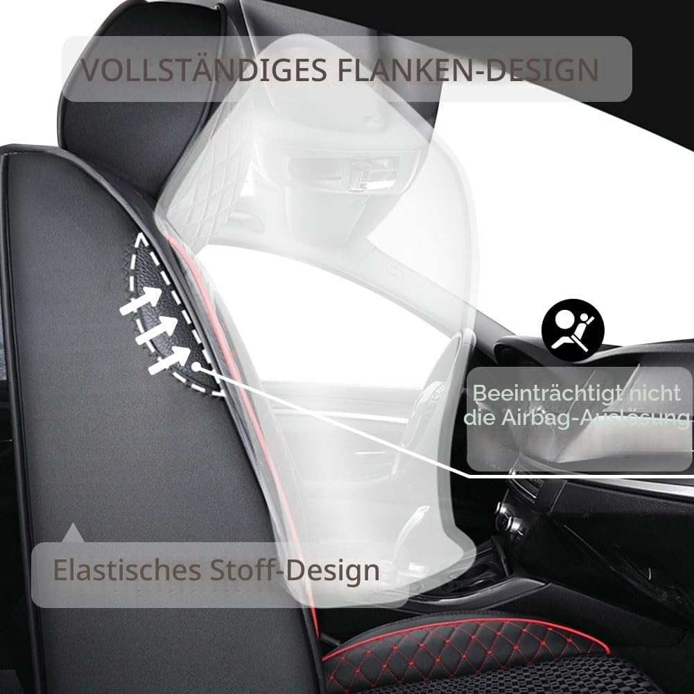 Sitzbezug Auto Vordersitze 2 Stück, Atmungsaktiver Eisseiden-Autositzbezüge PU Leder Universal Set, Kompatibel mit Den Meisten Limousinen und SUV (Schwarz Rot)
