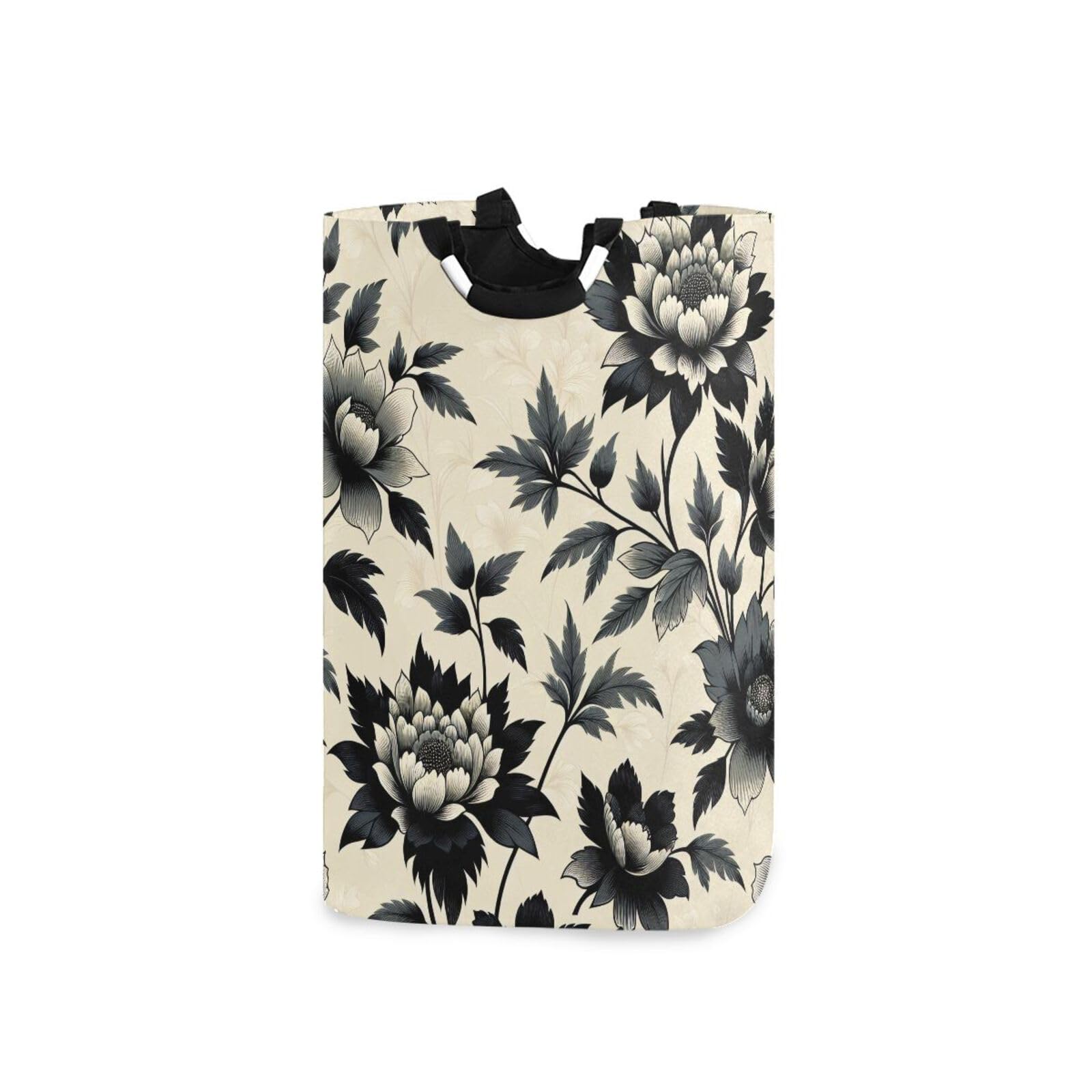 Jihqo Laundry Hamper Basket Black Peony Flowers Collapsible Nursery Storage Bin Waterproof Clothing Baskets for Home Bedroom Bathroom Washing Room