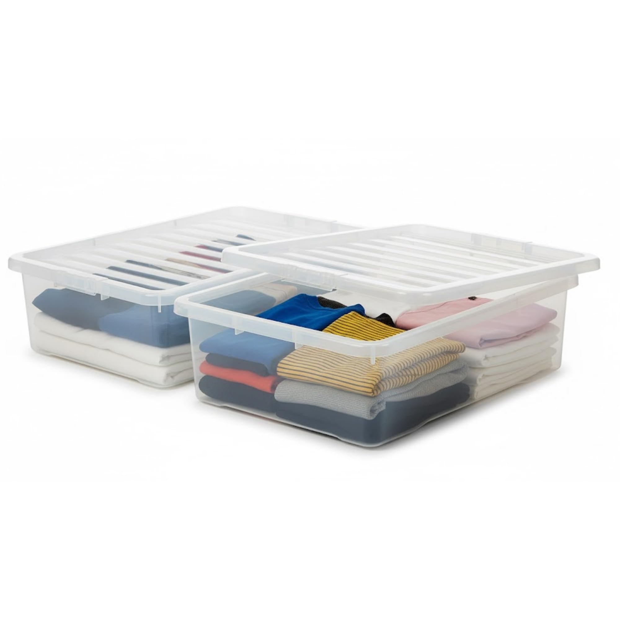 KYY'Z - 32L Under Bed Box with Lid - Clear Plastic Organiser Container - Stackable Storage Solution for Clothes Toys Bedding Multipurpose Bin for Home Office Bedroom Garage - 60 x 40 x 18cm (2)