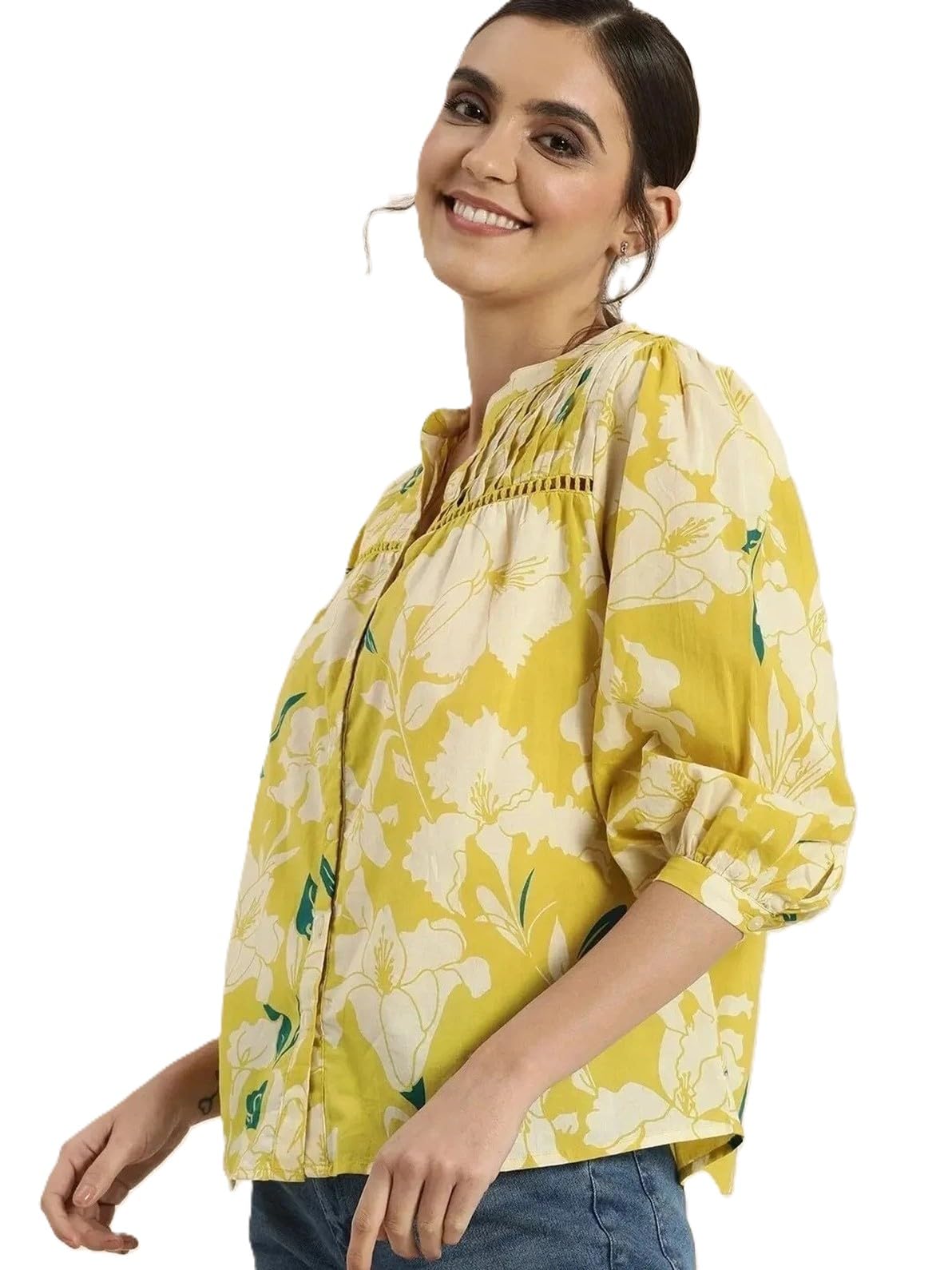 Women's Yellow Floral Print Top with Band Neck-image-11