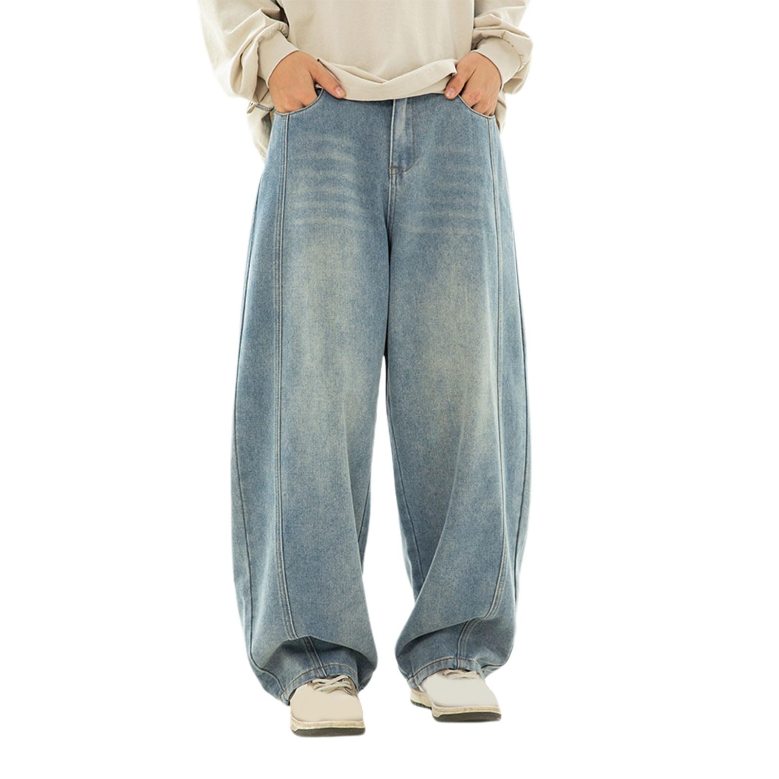 Vaqueros Elasticos Hombre-Pantalones Vaqueros Casuales para Hombre, Pantalones Vaqueros Lavados Viejos, diseño de Empalme Dividido, Pantalones Holgados Retro