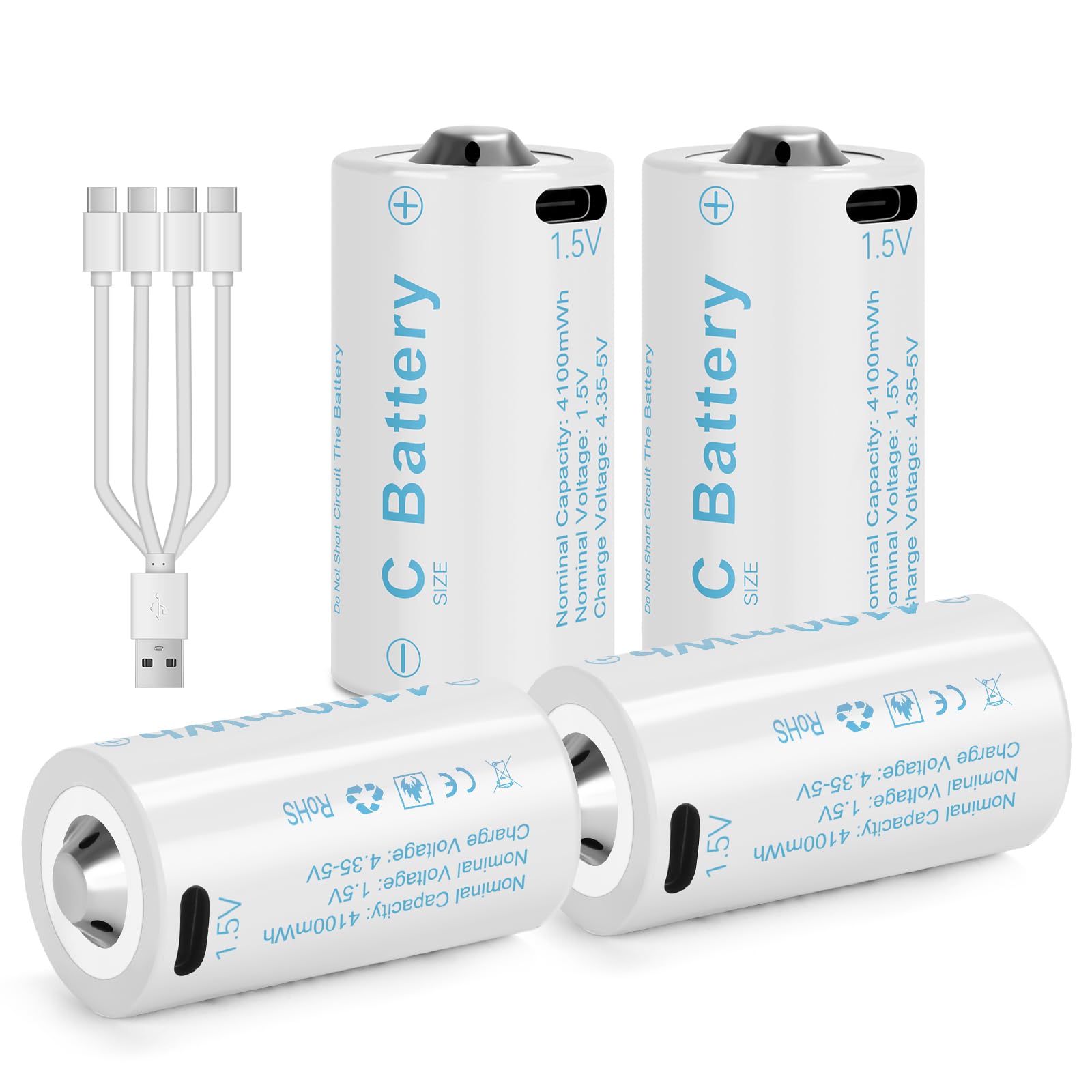 Rechargeable Lithium C Battery 4 Pack, Batteries c Size?Long Lasting1.5V C Batteries Rechargeable with 4 in 1 USB-C Charge Cable for Television Remote, Flashlights