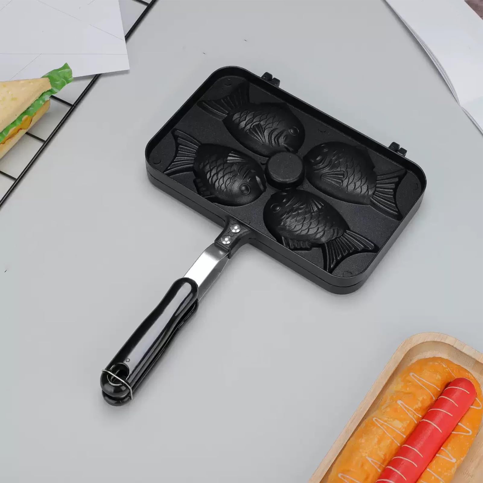 Taiyaki Maker, in lega di alluminio a 4 cavità, macchina per waffle in lega di alluminio, per casa, appartamento, cucina, viaggi, picnic, campeggio, cucina all'aperto, cottura