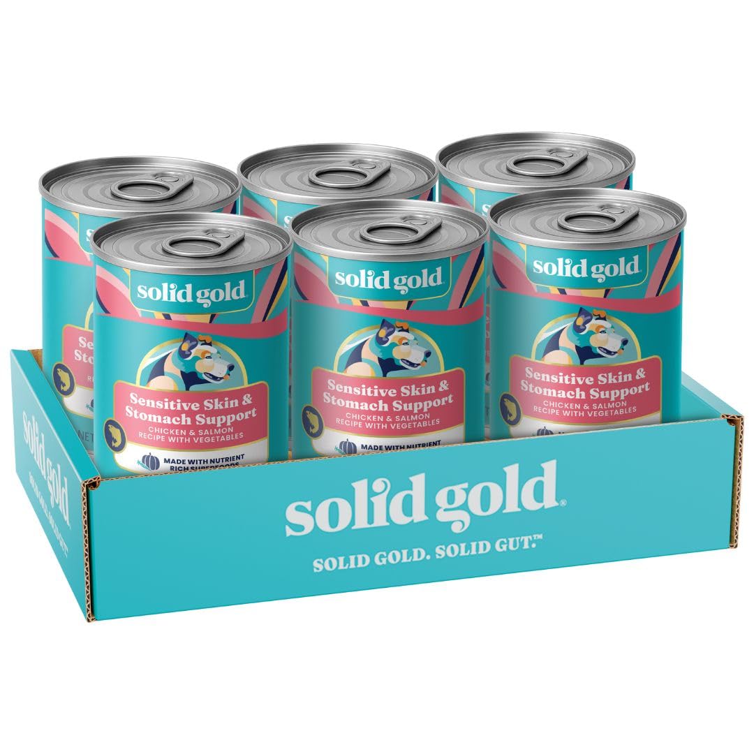 Solid Gold Sensitive Stomach Wet Dog Food for Adult & Senior Dogs - Grain Free Wet Dog Food w/Real Chicken, Salmon, Probiotics & Superfoods for Gut Health & Sensitive Stomach Support -6ct 12.5oz Cans