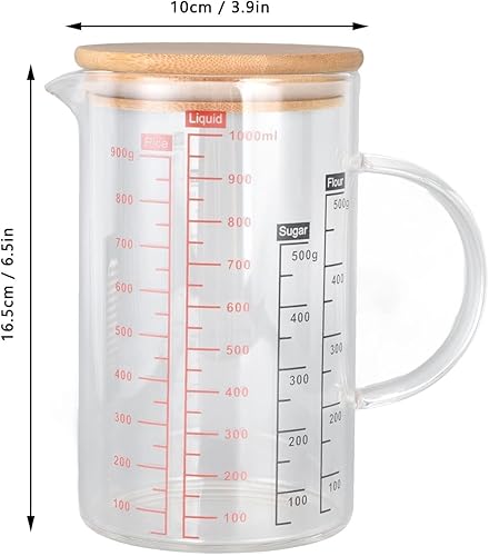 Miniatura 5 de Taza medidora de vidrio transparente, taza medidora de vidrio con tapa Taza medidora con escalas de medición y boquilla para cocina o restaurante