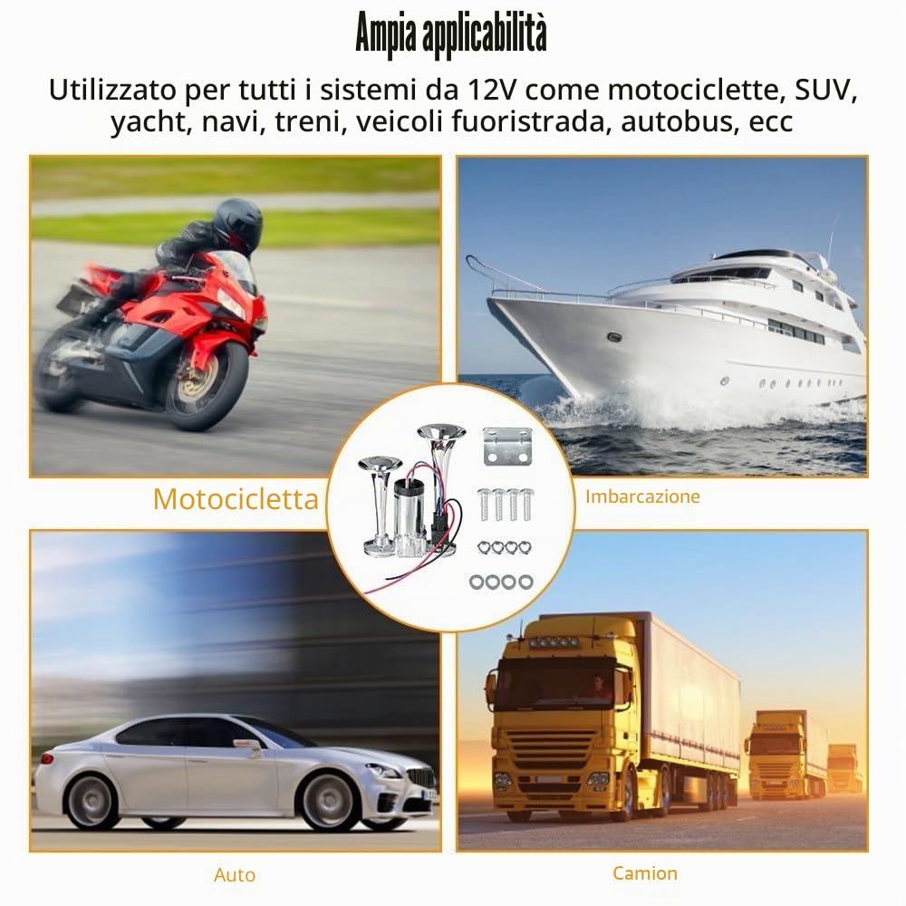 Clacson Ad Aria 12 V 150 dB per Camion - Tromba Doppia Super Forte per Auto, Kit di Corno Universale Potente per Furgoni, Moto, Barche