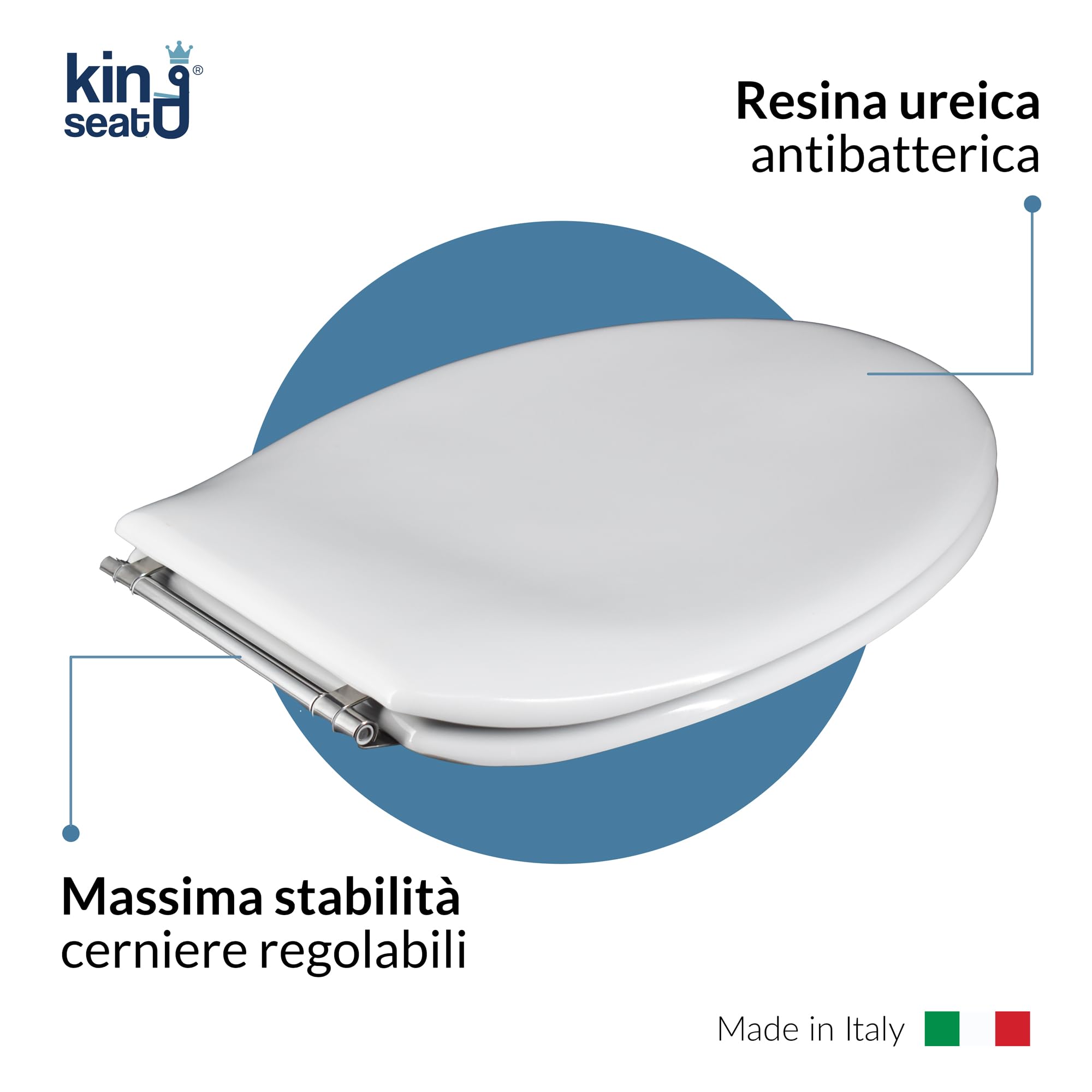 King Seat Sedile WC Ovale - Stabilità Assoluta e Aderenza Perfetta - Antibatterico in Resina Termoindurente, Bianco