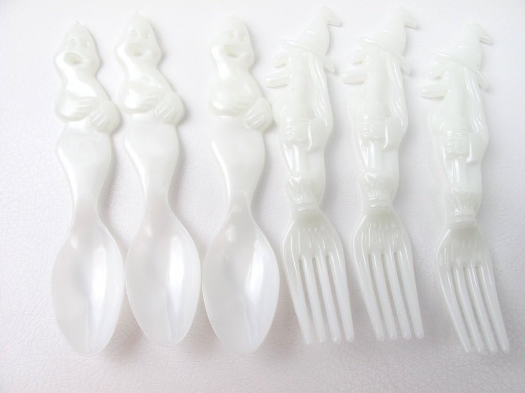 24 Pcs Halloween Party Plastic Glow in the Dark Flatware 12 Witch Forks 12 Ghost Spoons